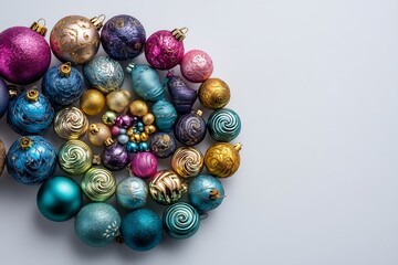 Christmas tree ornaments arranged spiral on white background creative winter layout