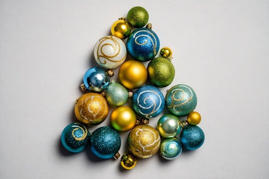 Christmas tree ornaments arranged spiral on white background creative winter layout