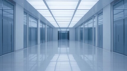 Fototapeta premium Modern minimalist corridor interior design empty hallway with glass doors and reflective floor