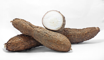 Raw Cassava Root with Slice on White