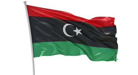 Libyan flag waving in the wind, symbolizing national pride, with a clear blue sky in the background