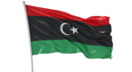 Libyan flag waving in the wind, symbolizing national pride, with a clear blue sky in the background