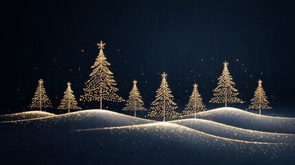Christmas trees snowy hills with glowing outline stylized winter scene