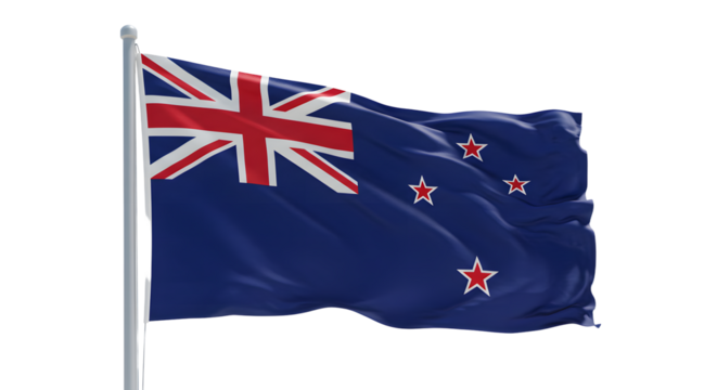 New Zealand flag waving in the wind, symbolizing national pride, with a clear blue sky in the background