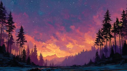 Christmas twilight sky tree silhouettes and distant northern lights magical winter tone