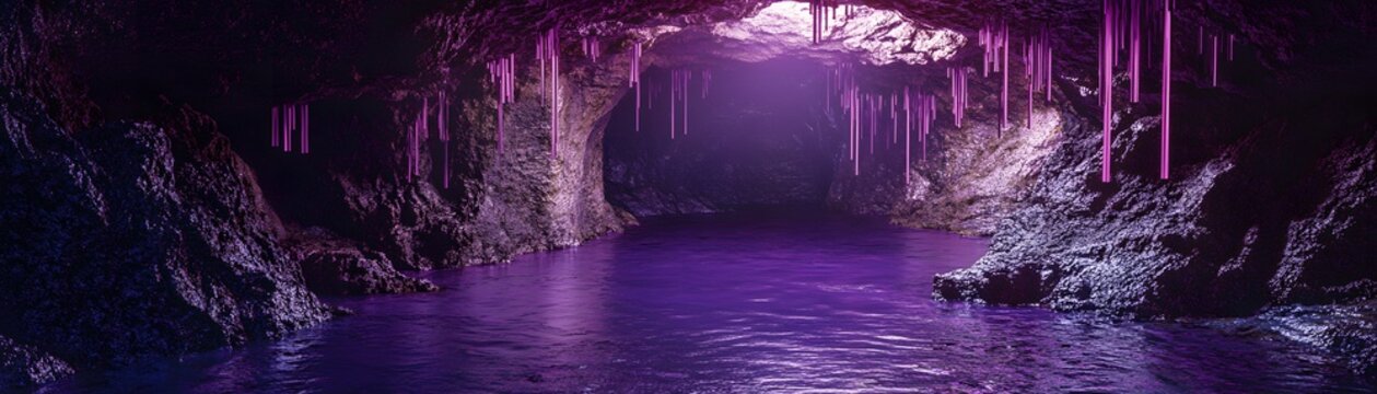 A mystical, purple cave interior scene.