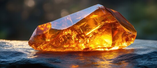 Liquid amber cascading over a gemstone surface, casting intricate reflections. 