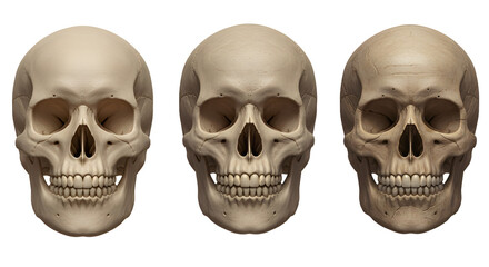 Realistic anatomical skull models displayed in a neutral setting, showcasing detailed features for educational purposes