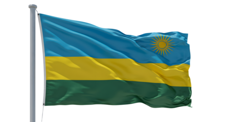 Rwandan flag waving against a clear blue sky, representing national pride and identity, suitable for educational purposes