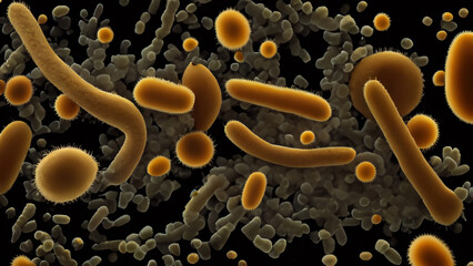 Microscopic view of various bacteria and microorganisms.  A complex ecosystem of diverse shapes and sizes