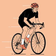 A cyclist wearing black shirt and shorts riding a road bike with helmet and sunglasses on a peach background