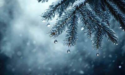 Icy pine branch with frozen water droplets against a soft blurred winter background - Powered by Adobe