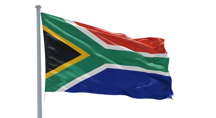 South African flag waving in the wind against a clear blue sky, symbolizing national pride and unity