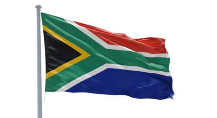 South African flag waving in the wind against a clear blue sky, symbolizing national pride and unity