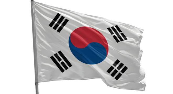South Korean flag waving in the wind, symbolizing national pride and identity, with a clear blue sky in the background