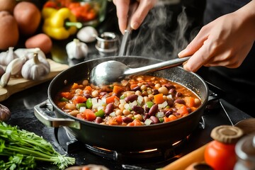 Cooking spicy chili with beans and vegetables Comfort food hearty