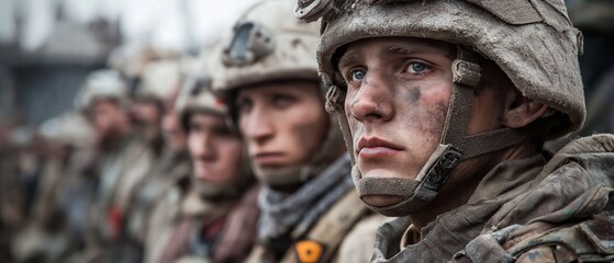 Fototapeta premium Wearing helmets and camouflage clothing, young troops stand in close formation.