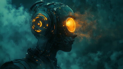 Mythical futuristic character with glowing mechanical features and folklore influence for use in creative or sci fi visuals. [Mechanical Folklore] | Steam Oracle | whistling relic. Illustration