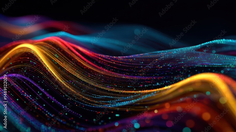 Poster vibrant colorful waves of light and particles flowing through dark background in abstract pattern fo
