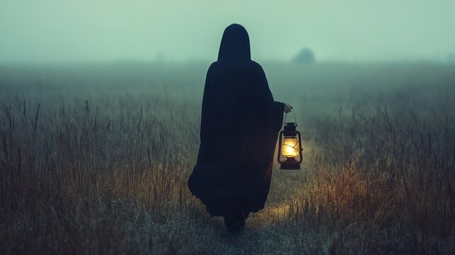Mysterious figure walking with lantern in foggy field at dawn