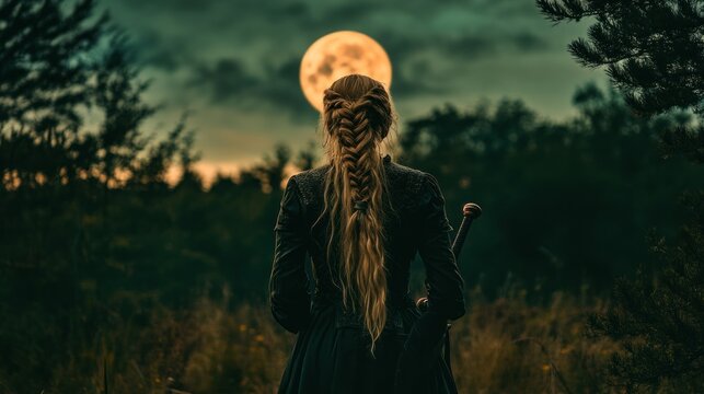 Woman with braid and sword silhouetted against full moon at night