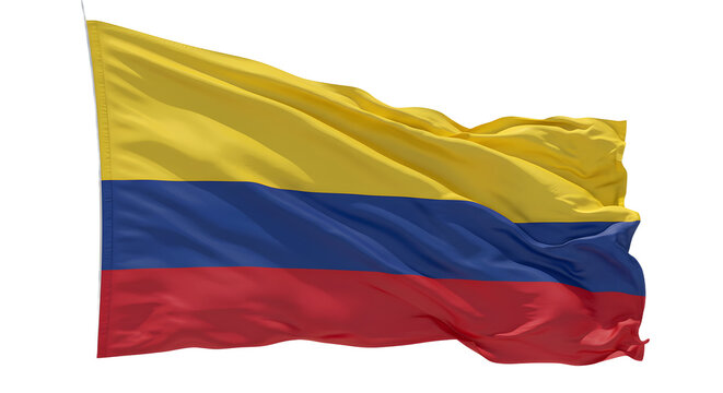 Vibrant Colombian flag waving in the wind against a clear blue sky, symbolizing national pride and identity (1)