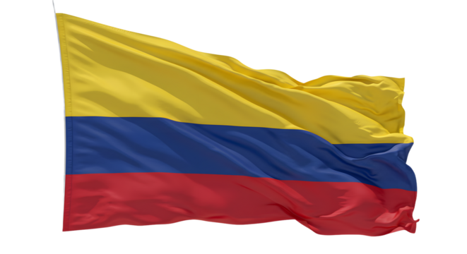 Vibrant Colombian flag waving in the wind against a clear blue sky, symbolizing national pride and identity (1) - Powered by Adobe