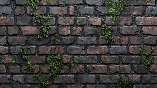 Fototapeta Aged brick wall with plants