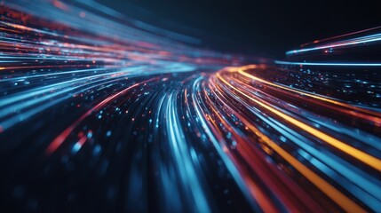 Obraz premium Abstract light trails in vibrant colors create a mesmerizing background, showcasing motion and energy in a digital landscape of glowing lines