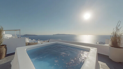 Fototapeta premium Stunning views over the blue rooftops of Santorini, Greece under a clear sky (1)