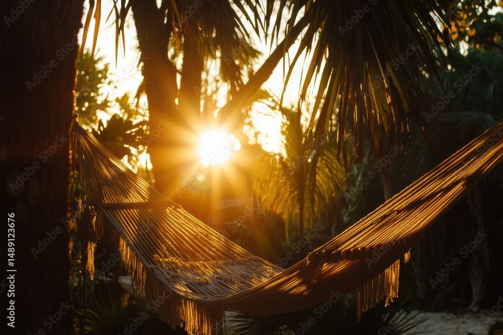Poster sunset view through a beach hammock surrounded by palm trees and glowing skies during a warm summer 