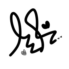 This abstract black doodle features dynamic curves and heart symbols on a white background. A playful and expressive hand-drawn artwork perfect for romantic, creative, or decorative designs.