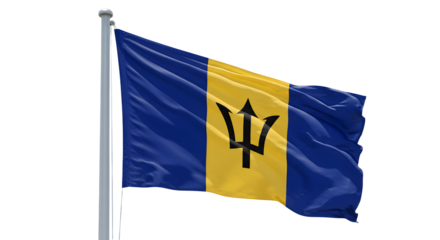 Vibrant flag of Barbados fluttering against a clear blue sky, symbolizing national pride and cultural identity