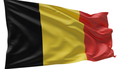 Vibrant flag of Belgium waving in the wind against a clear blue sky, symbolizing national pride and unity