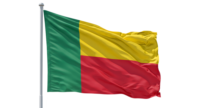 Vibrant flag of Benin waving against a clear sky, symbolizing national pride and cultural identity in a peaceful setting