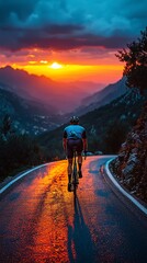 Cyclist on winding mountain road at sunset