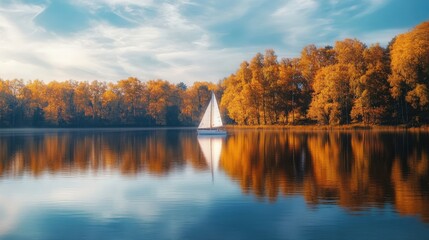 Obraz premium Autumnal lake scenery with a sailboat reflection.