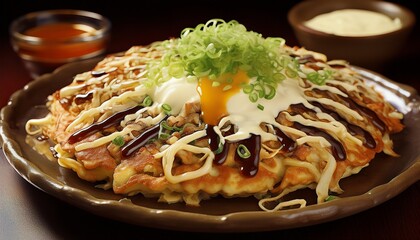  Okonomiyaki (Japan)
Japanischer herzhafter Pfannkuchen mit Kohl, Ei, Fleisch oder Meeresfrüchten, reichlich Soße und Mayonnaise.