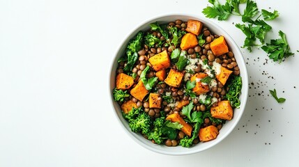 Sweet potato & lentil bowl with green herbs, centered on white