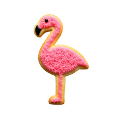 Delightful Flamingo Cookie, A freshly baked vibrant flamingo-shaped cookie adorned with pink sugar crystals on a plain setting