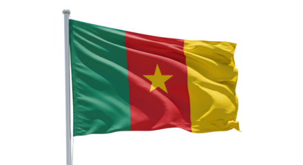 Vibrant flag of Cameroon waving against a clear blue sky, symbolizing national pride and identity