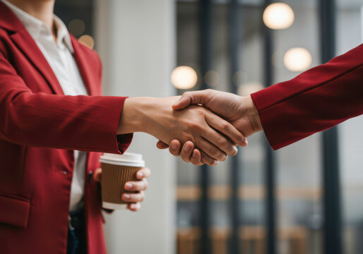 Two Businesswomen Shaking Hands in Red Jackets