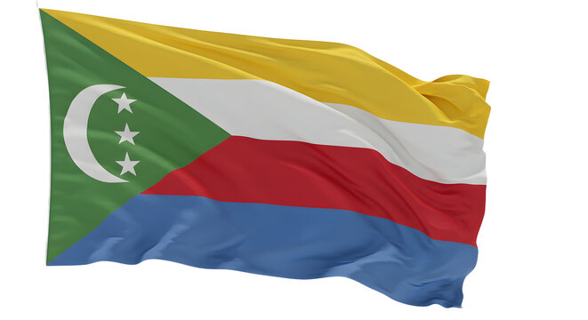 Vibrant flag of Comoros waving against a clear blue sky, showcasing its colors and symbols with a sense of national pride