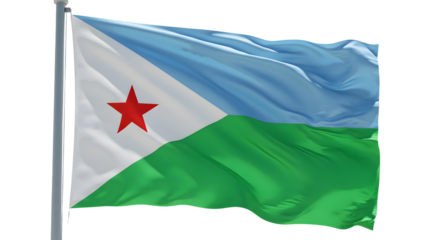 Vibrant flag of Djibouti waving against a clear blue sky, symbolizing national pride and identity in a serene setting