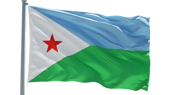 Vibrant flag of Djibouti waving against a clear blue sky, symbolizing national pride and identity in a serene setting