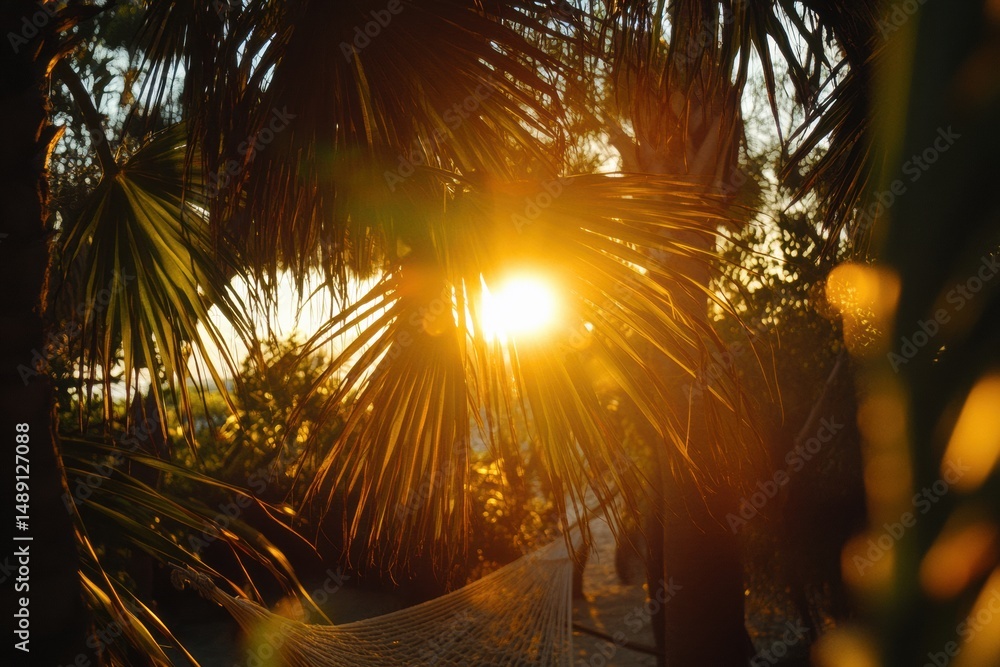 Poster sunset glow through palm trees illuminating a hammock on the beach in warm summer light