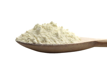 Wooden Spoon of Whey Protein Powder Isolated on Black Background