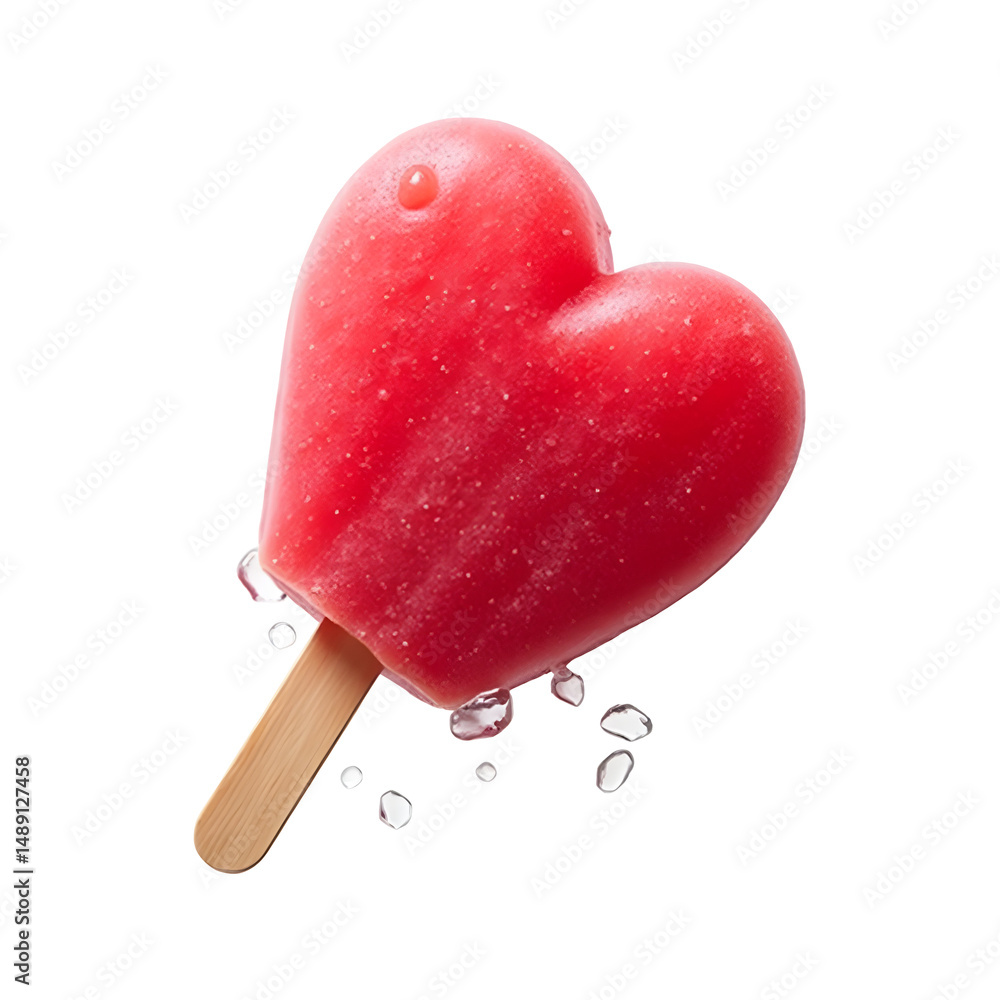 Poster delightful heartshaped raspberry popsicle with refreshing droplets on a plain studio setting, perfec
