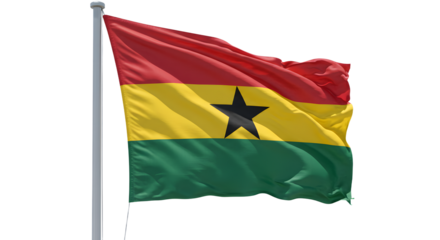 Vibrant flag of Ghana waving proudly against a clear blue sky, symbolizing national pride and unity