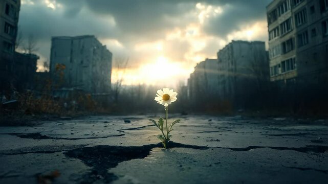 Resilient Flower in Urban Ruins Seamless Loop Background Video